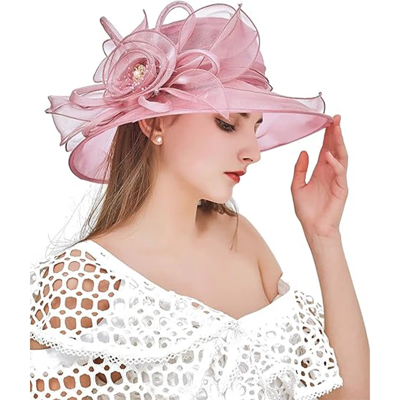 A bow-netting wide-brimmed wedding KY Derby hat suitable for brides church wedding decoration girls summer outing shade