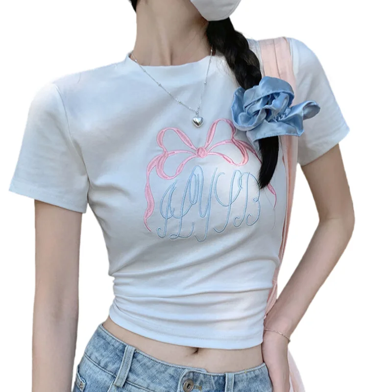 Sweet Bow Embroidery Short Sleeve Women Tees Summer Short Sleeve Slim Waist Crop Tops Streetwear Expose Navel Sexy T-shirts Lady