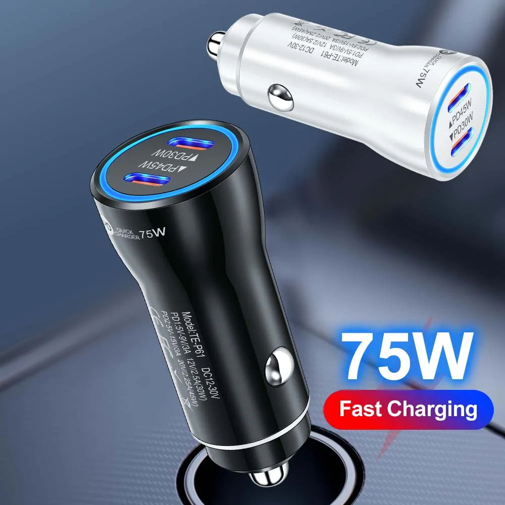 75 واط USB C شاحن سيارة منافذ مزدوجة نوع C PD شاحن في سيارة محول شحن سريع آيفون 15 14 شاومي سامسونج شاحن هاتف السيارة #1