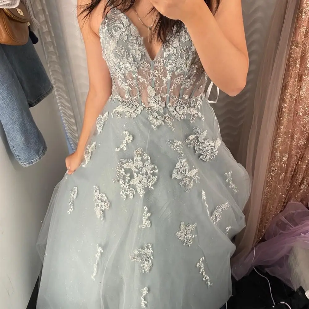 Glitzernde Tüll-Abschlussballkleider für Teenager, Spitzenapplikationen, Perlen, lange Ballkleider, Spaghettiträger, formelle Kleider, Abendkleider