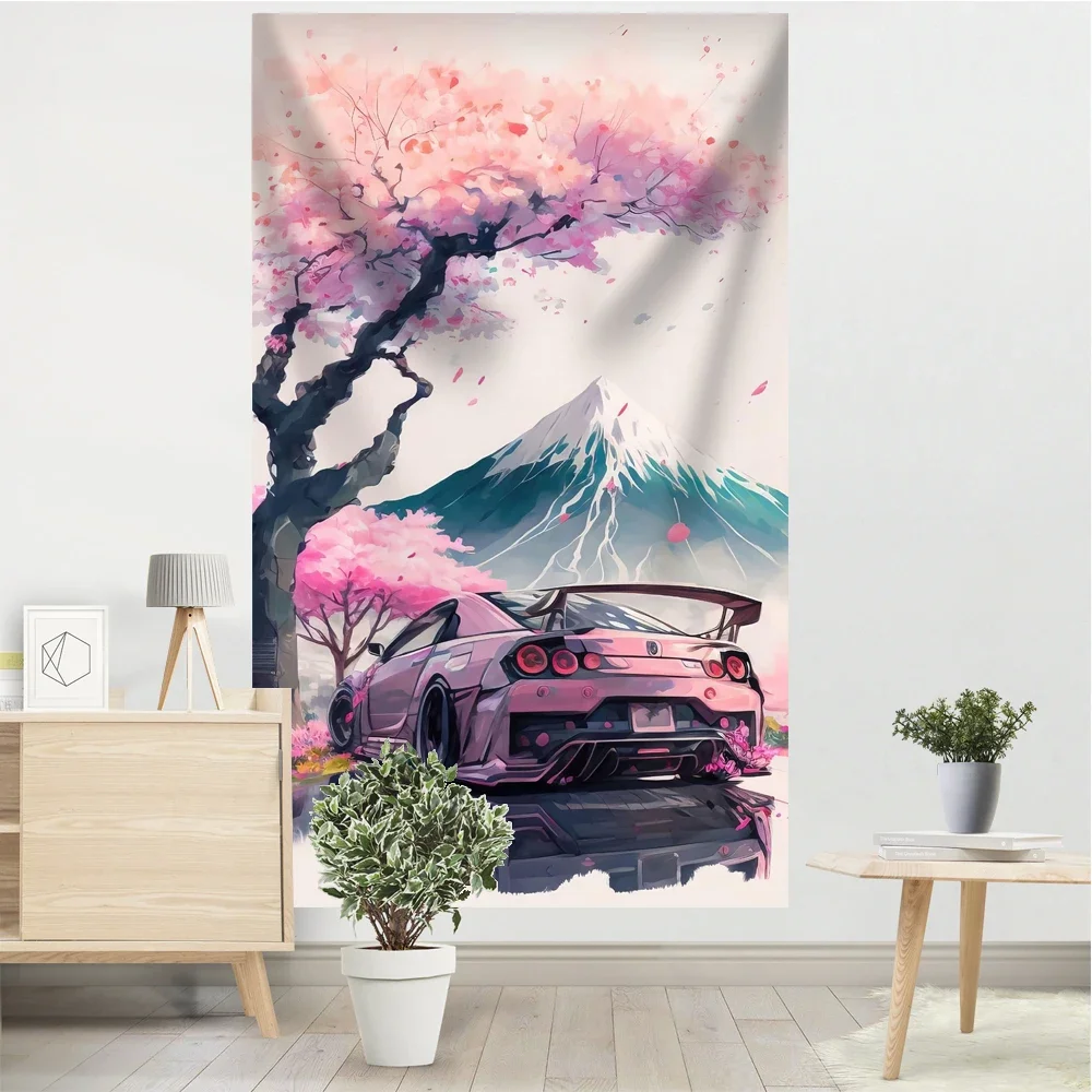 

Japanese Racing GTR Tapestry Banner Manga Sakura Mount Fuji JDM Student Dormitory Room Bedside Wall Hanging