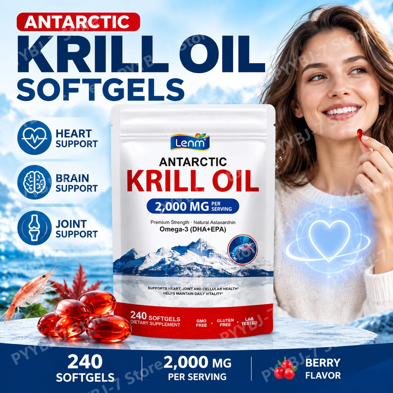 Antarctic Krill Oil Softgels High Strength Omega 3 Fatty Acids with EPA DHA Astaxanthin Joint Flexibility Heart Function 240 Ct