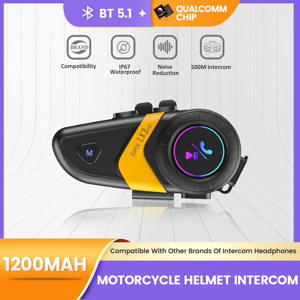 

Мотоциклетные аксессуары для мотоциклетного шлема, Интерком BT5.1 IPX7, водонепроницаемый, с защитой от шума, микрофон, аккумулятор 1200 мАч для мотоцикла