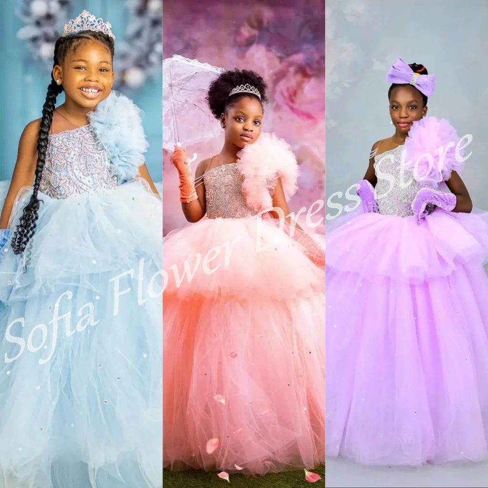 

Customized Candy Color Flower Girl Dress Shiny One Shoulder Tulle A-Line Princess Sequined Dress Girls Birthday Party Ball Gowns