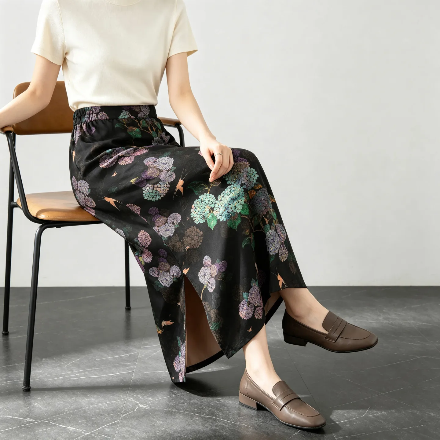 Winsleter-100%Real Silk Watered Gauze Elegant Skirts, Elastic Waist Jacquard, Women Retro Straight Skirt, 2026 Autumn B67804CC