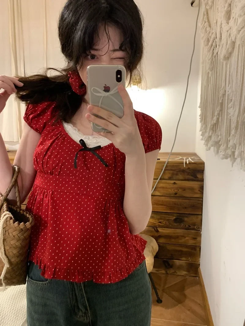 French Fashion Red Polka Dot Top for Women's Summer Short Sleeved Wavy Edge Layered Pullover Short T-shirt Chiffon Shirt