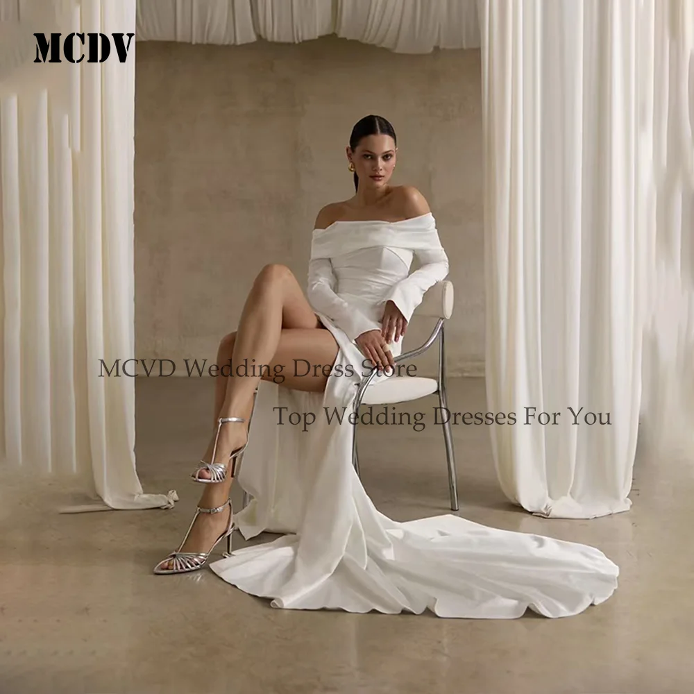 

Свадебное платье MCDV с длинными рукавами, открытыми плечами, вырезом-лодочкой, плиссировкой, силуэтом «русалка», индивидуального пошива, сексуальное, с боковым разрезом, без спинки