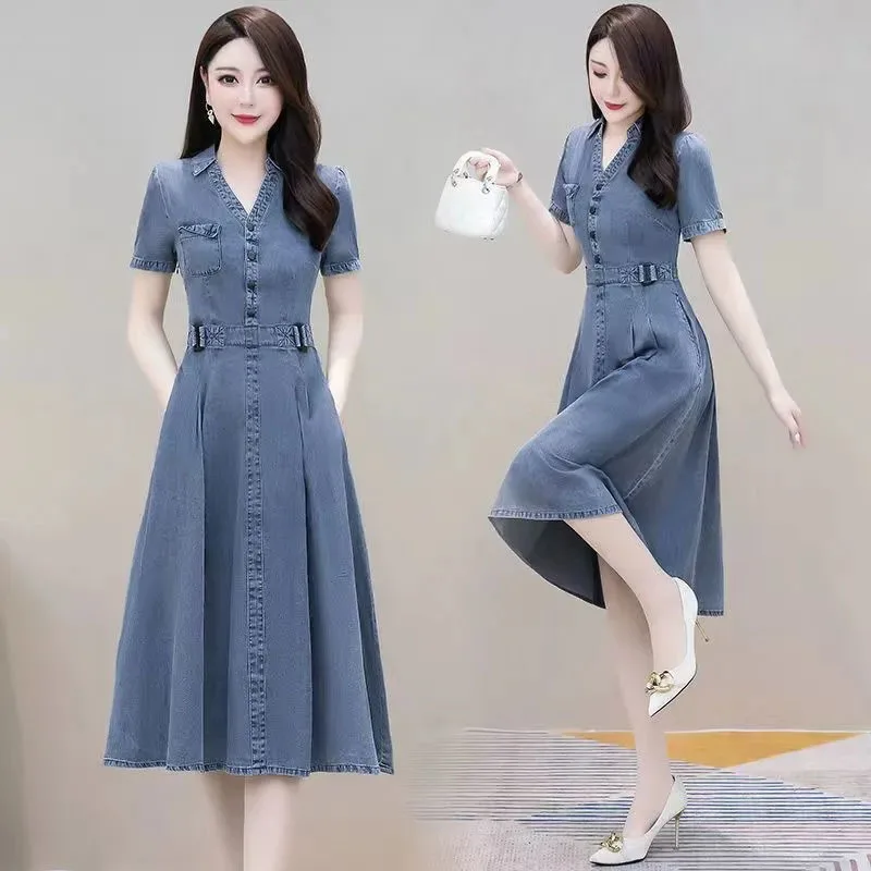 NEW Women's Short-Sleeve Denim Dress Summer Fashion Pullover V-Neck Base Dresses Female Long A-line Dresses Women's Clothing 4XL