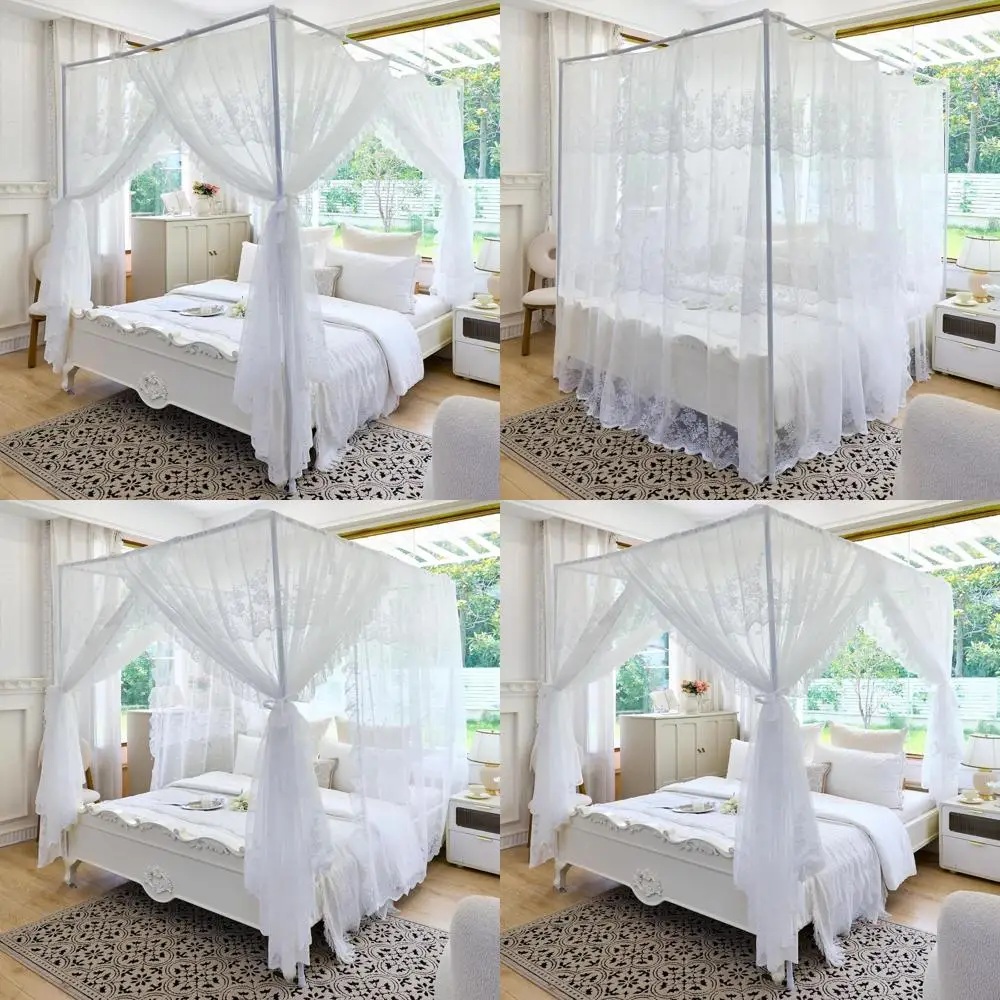 

Twin Size White Lace 4-Poster Bed Canopy Mosquito Net - Romantic Bridal and Kids Room Decor
