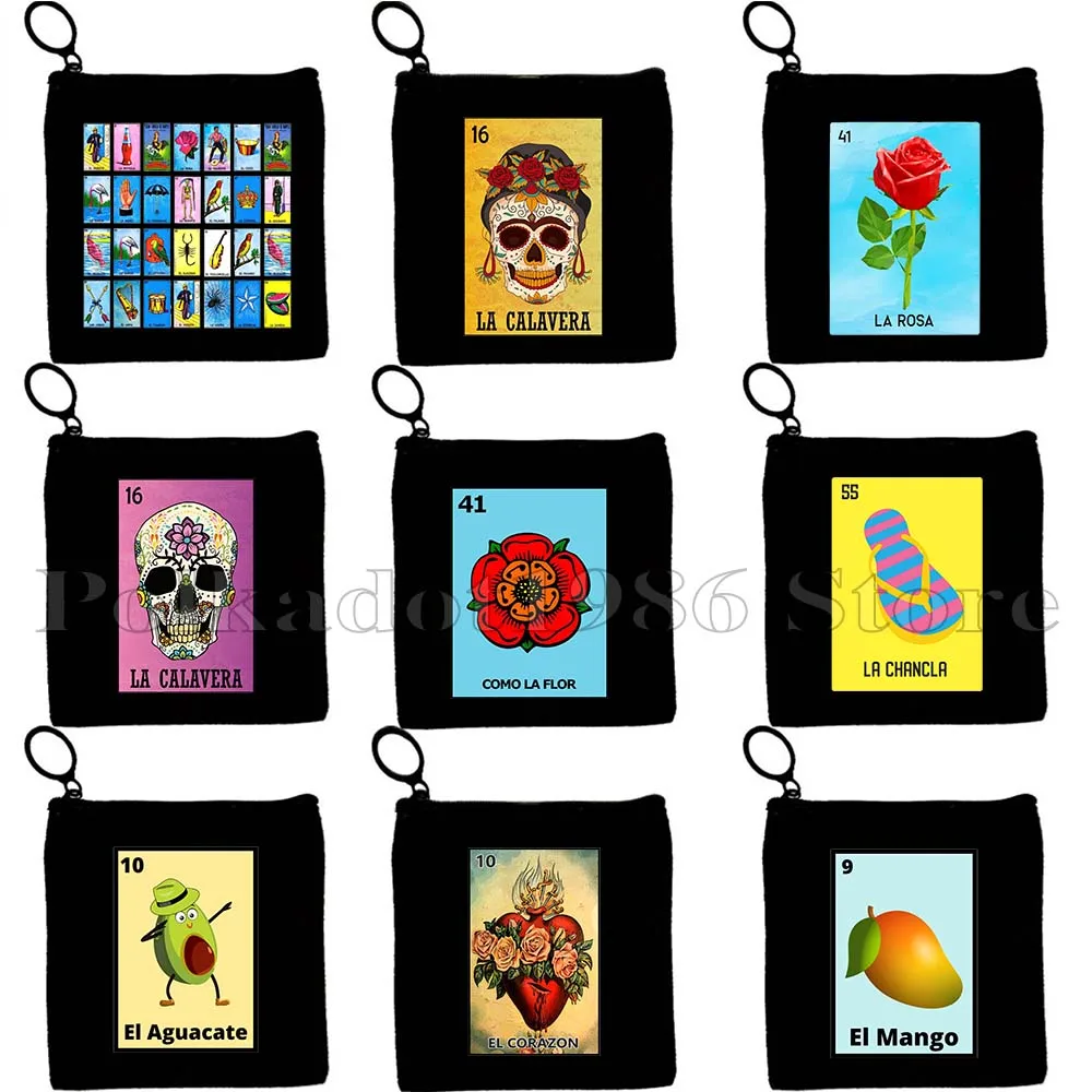 Mexican Loteria Bingo Card Art LA ROSA Diablita Toxica El Jefe Nopal Catrin Papa Gifts Key Coin Purse Case Bags Wallet Pouch