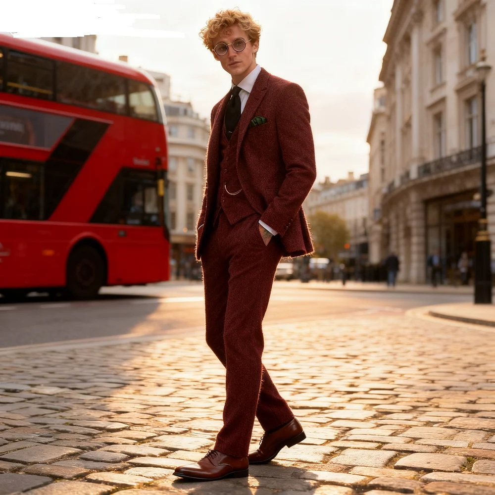 

Men's Digital Print 2-Button Terno Set of 3 Pieces Grey Vintage Fishbone Wedding Suit Traditional Portuguese Male Costume