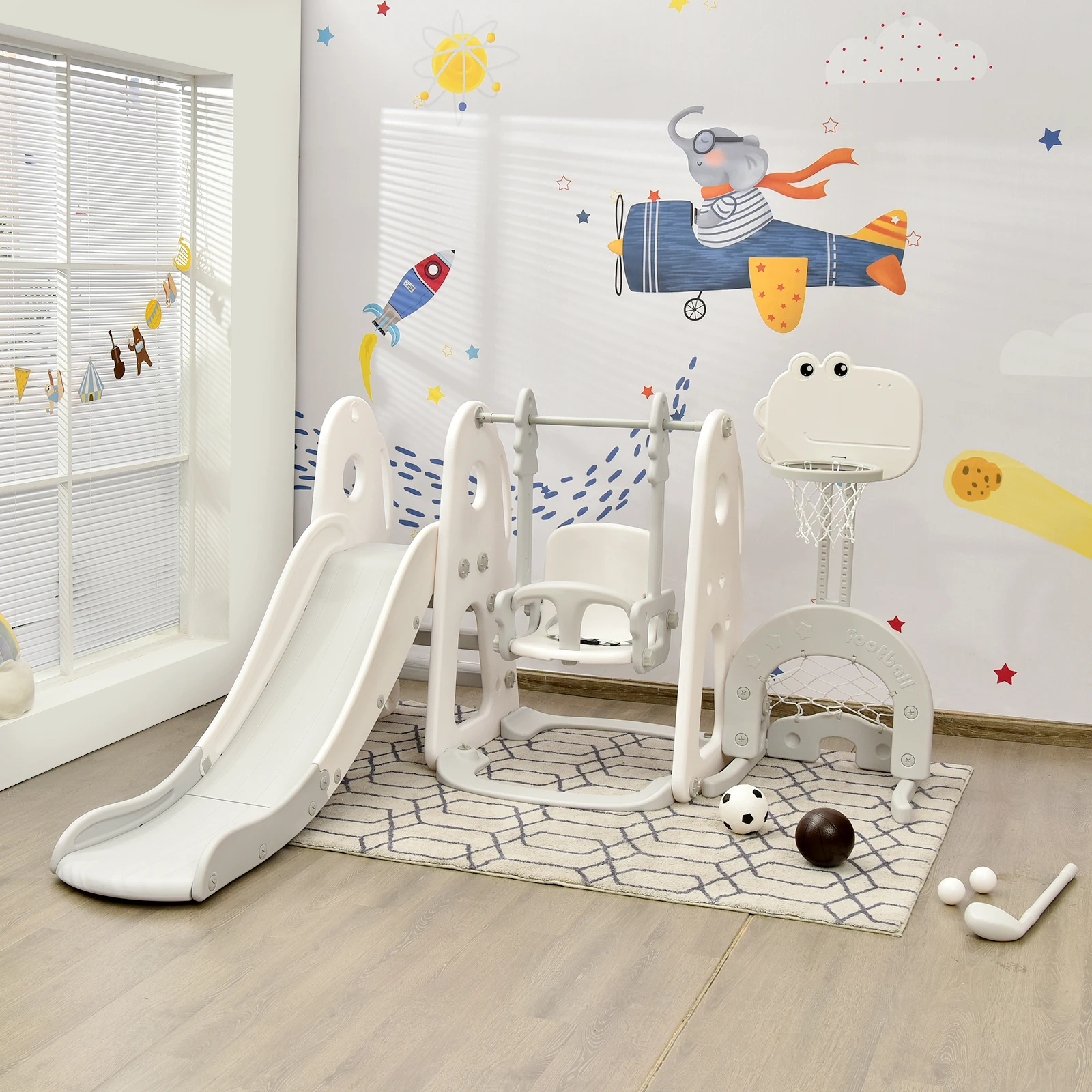 6 in 1 Toddler Slide and Swing Set Climber Playset w/ Ball Games White