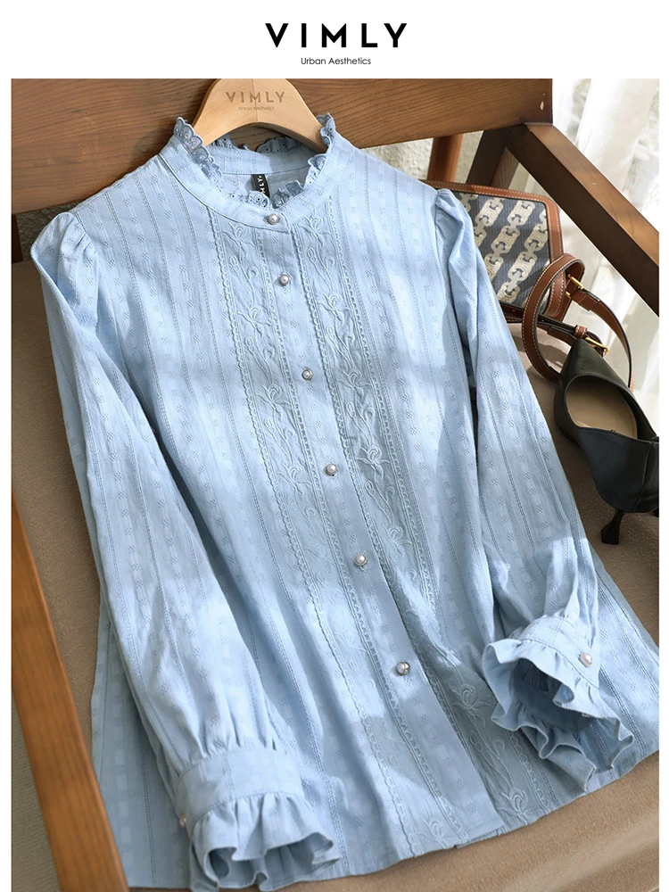 Vimly Ruffles Stand Collar Embroidery Shirt for Women Autumn 2023 Fashion Casual 100% Cotton Button Up Shirts Long Sleeve Tops