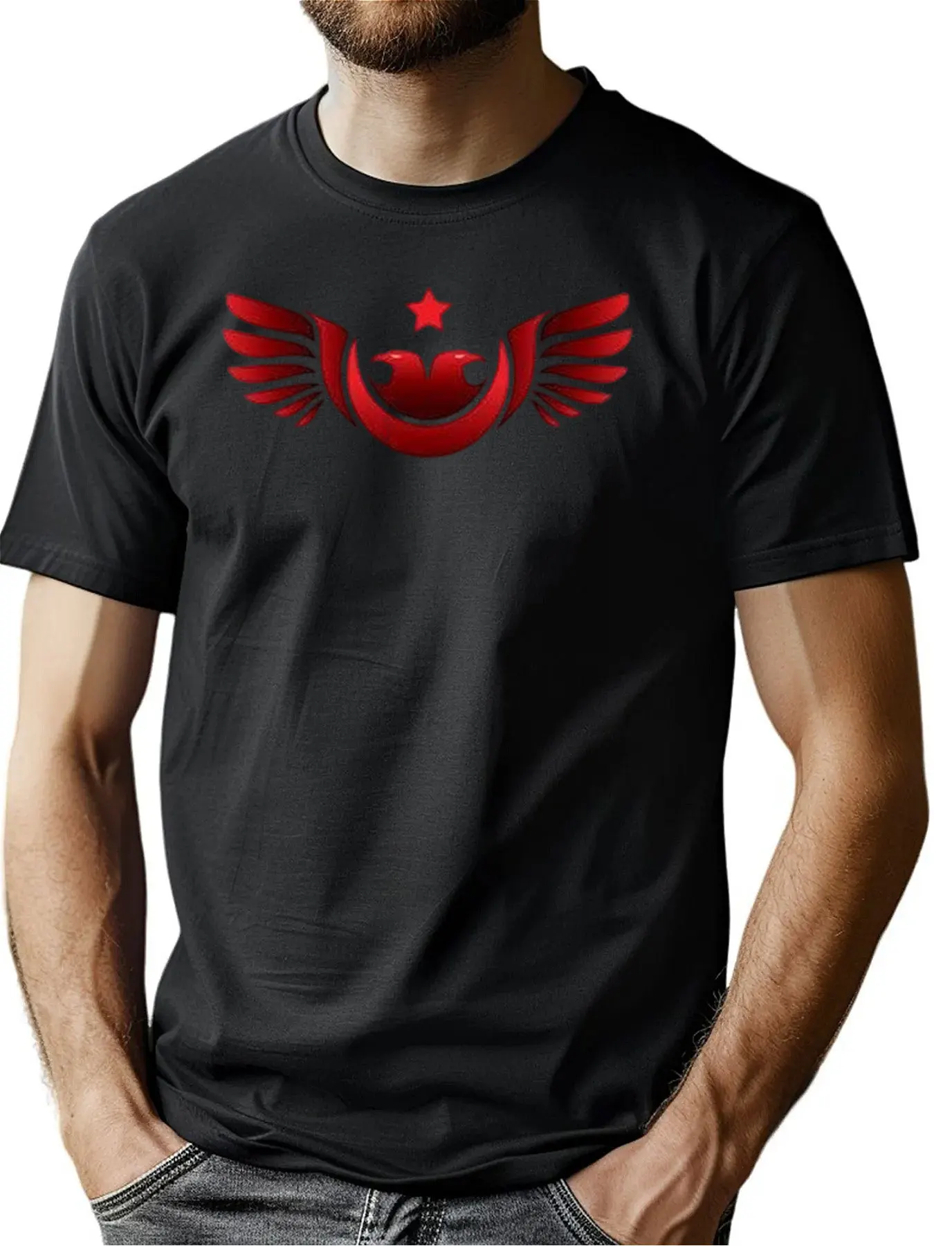 

Breathable Cotton Tee With Red Eagle & Stars Graphic Print, Comfortable Crew Neck Shirt For Casual Wear, Christmas Gift For Men