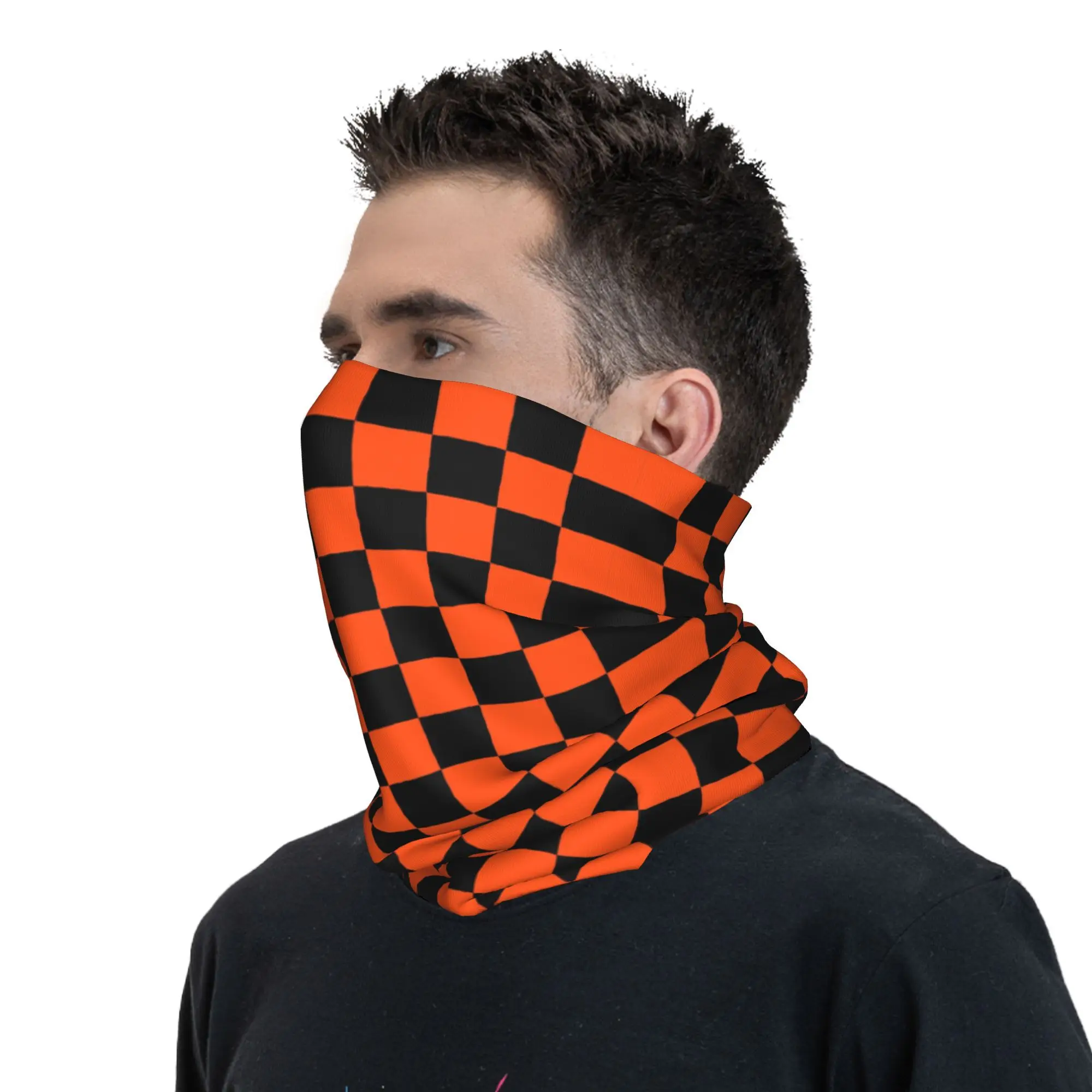 Custom Black and Orange Checkerboard Pattern Bandana Neck Gaiter for Hiking Cycling Women Men Wrap Scarf Plaid Balaclava Warmer