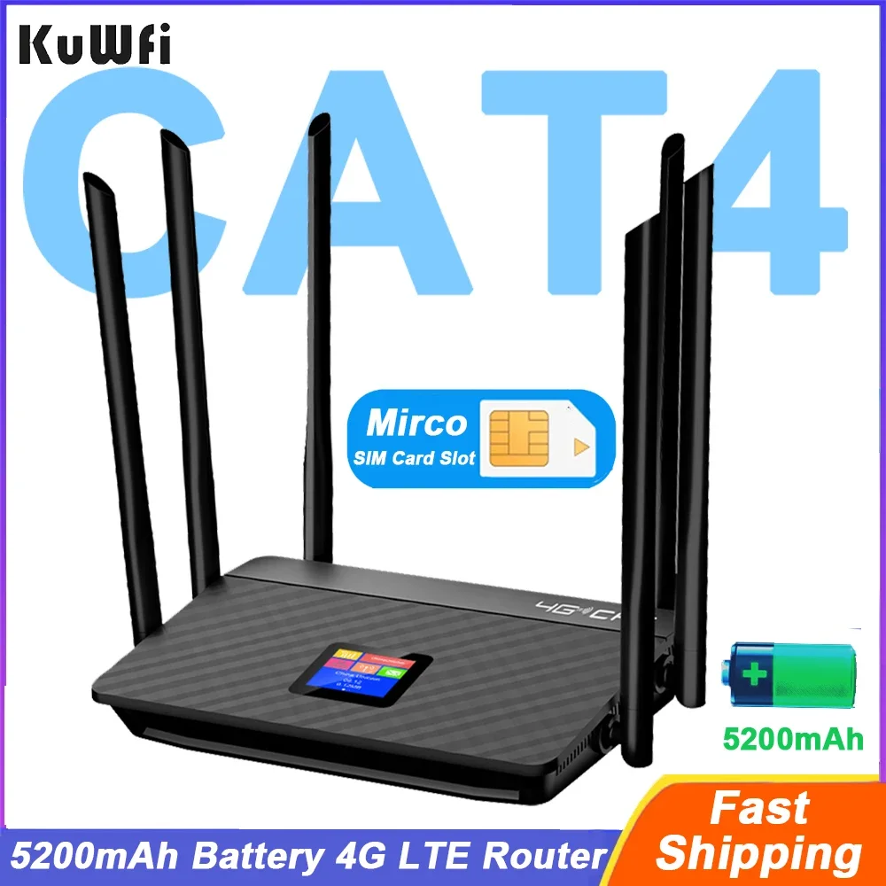 

KuWFi 5200mAh Battery LTE Router CAT4 Wireless WiFi Router 4G Modem with External Antenna Mirco SIM Card Slot RJ45 Port 10 Users