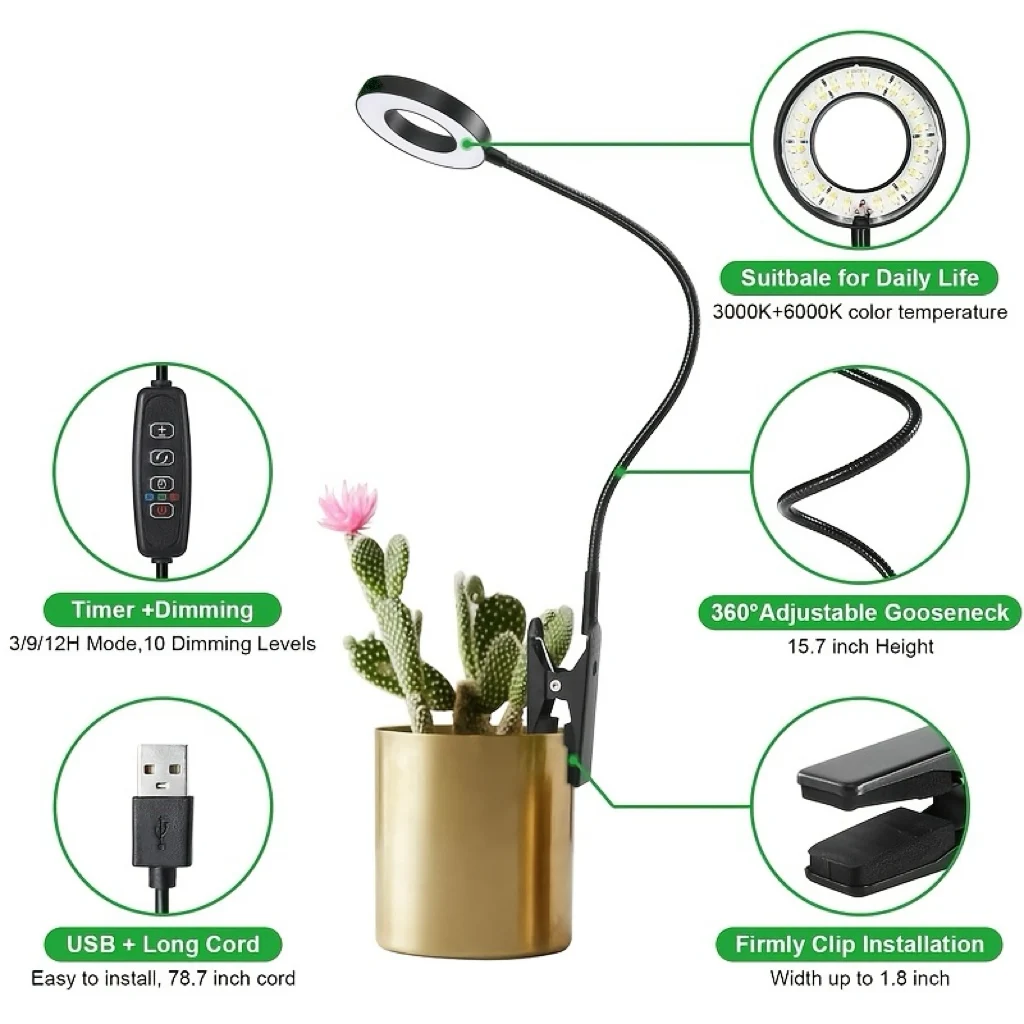 2-in-1 LED Grow Light & Reading Lamp 48 LEDs Full Spectrum 3000K-6000K 3 Colors 5 Brightness 360° Gooseneck Adjustable 6/12/16H Timer Eye-Caring for Indoor Plants Desk