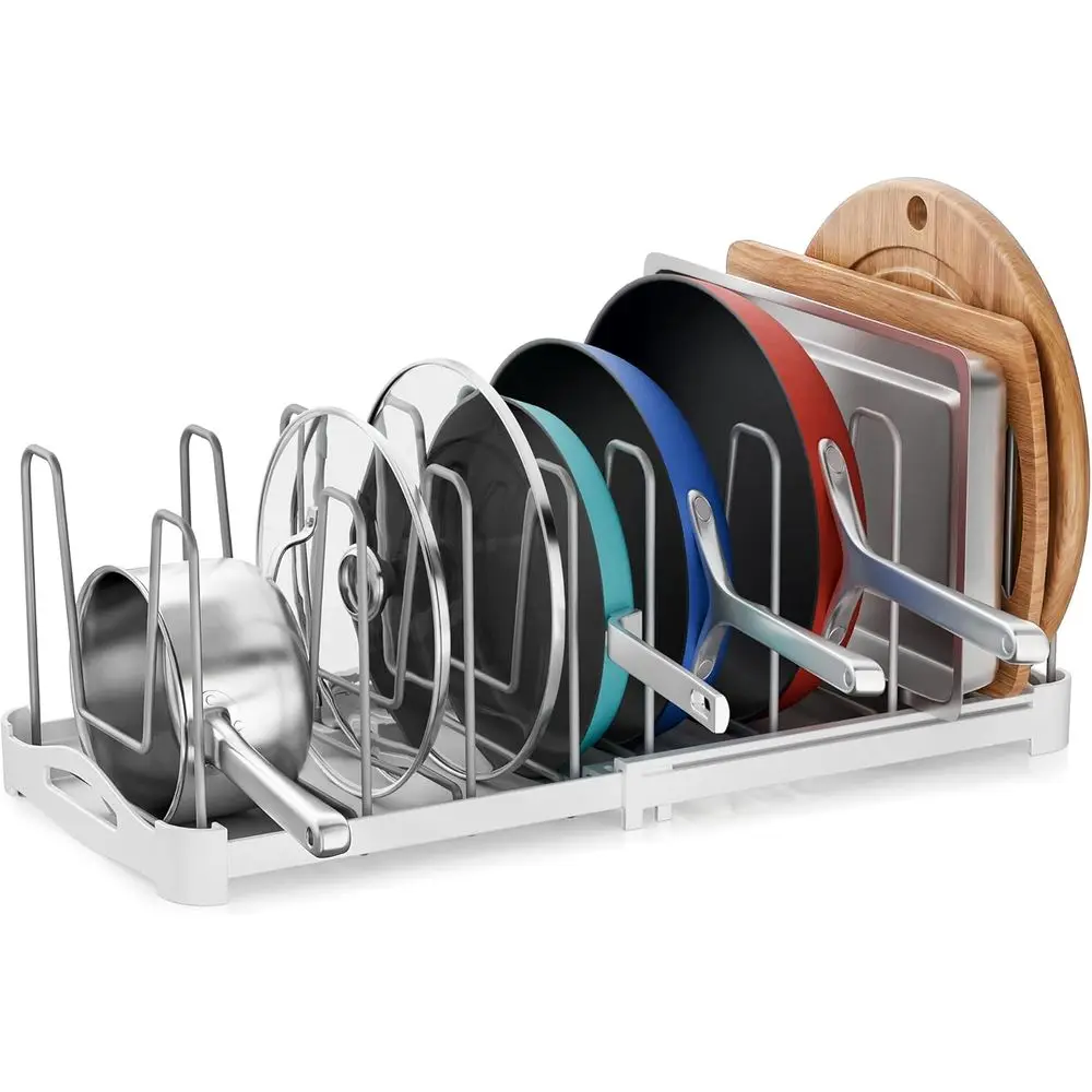 

Adjustable Bakeware Organizer Pot Lid Holder Rack for Pots, Cake Molds, Cutting Boards, Mats, Cookware, 7.7 Deep by 12.6 to 21.5