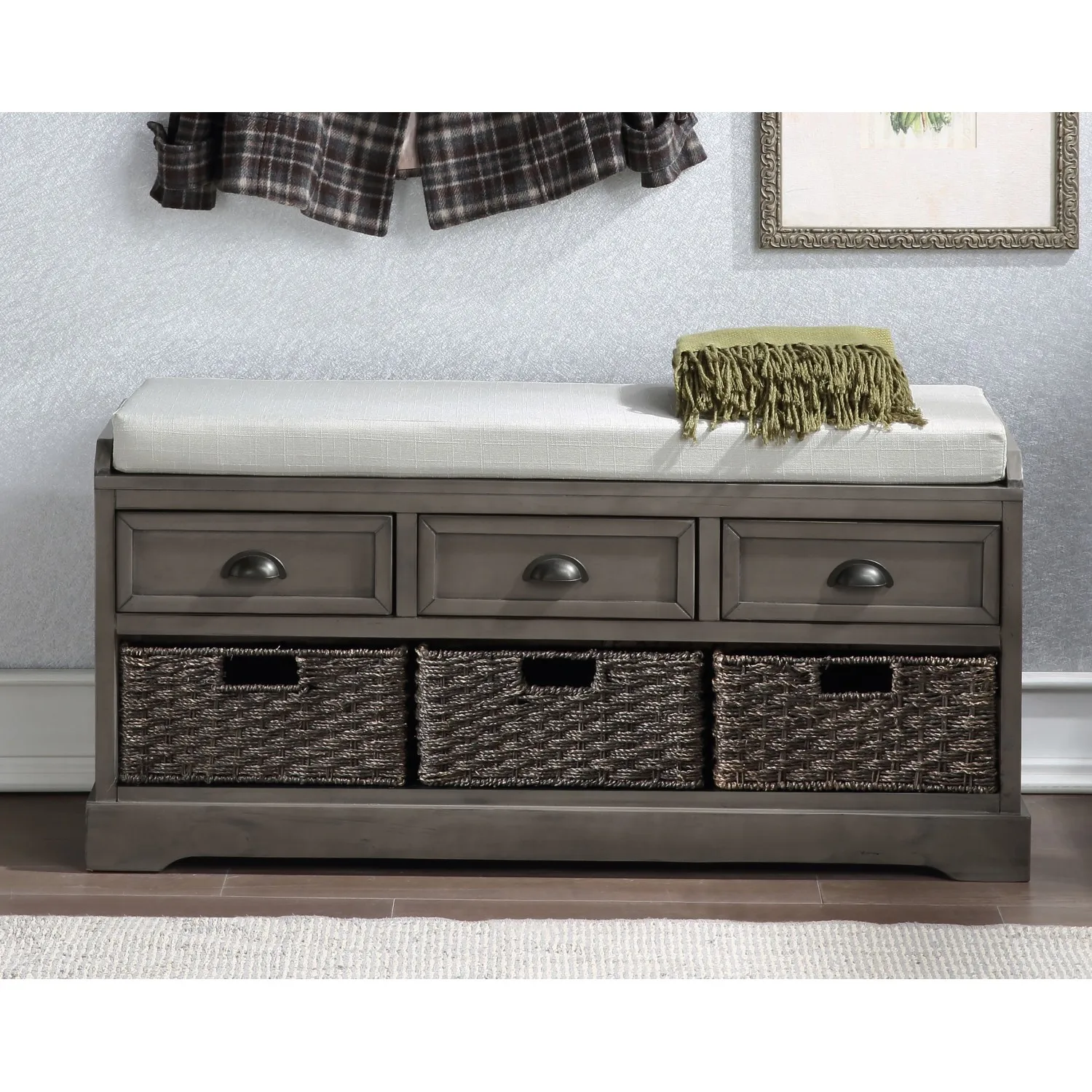 Wood Storage Bench 3 Drawers 3 Baskets - U_STYLE Homes Collection