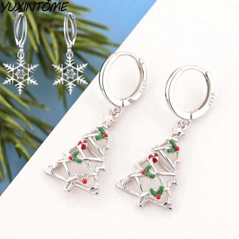 Pendientes de aro de plata esterlina 925 para mujer, aretes con forma de árbol de Navidad y copo de nieve, accesorios para regalos de navidad