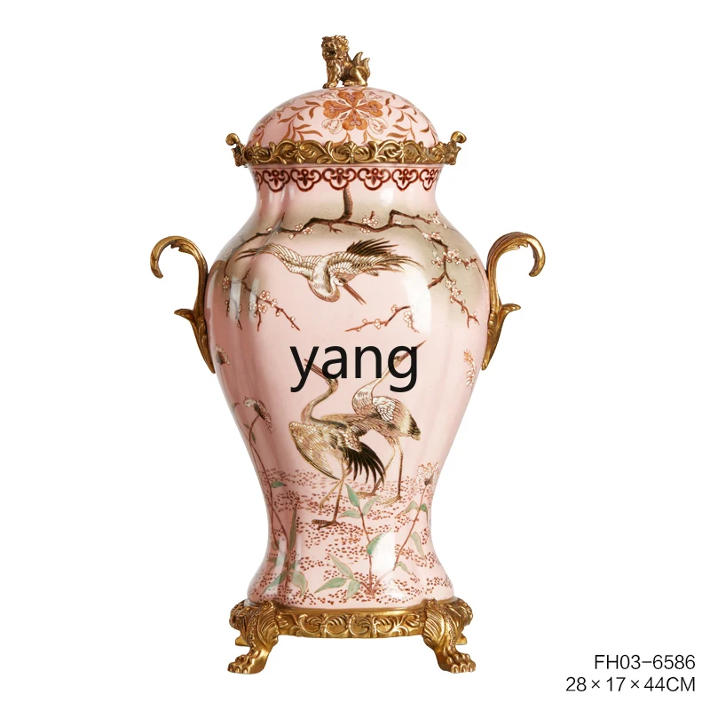 LXL New Chinese Romantic Pink Hand Painted Chinese Crane Ceramic General Altar Storage Jar