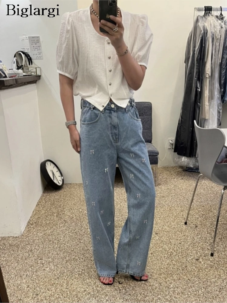 

Oversized Jeans Summer Pant Women Bow Embroidery Fashion Ladies Trousers Casual Loose Pleated Woman Straight Pants