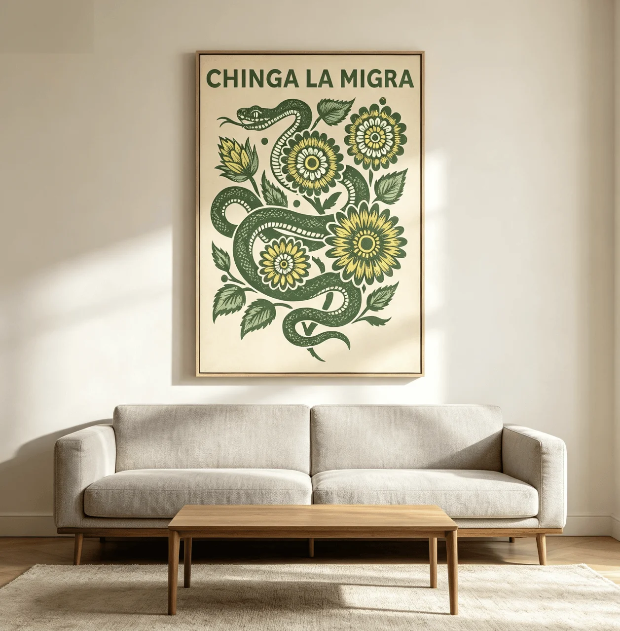 Boho Floral Snake Canvas Prints, Linocut Serpent Flower Poster, Green Botanical Wall Art for Living Room Bedroom Home Decor