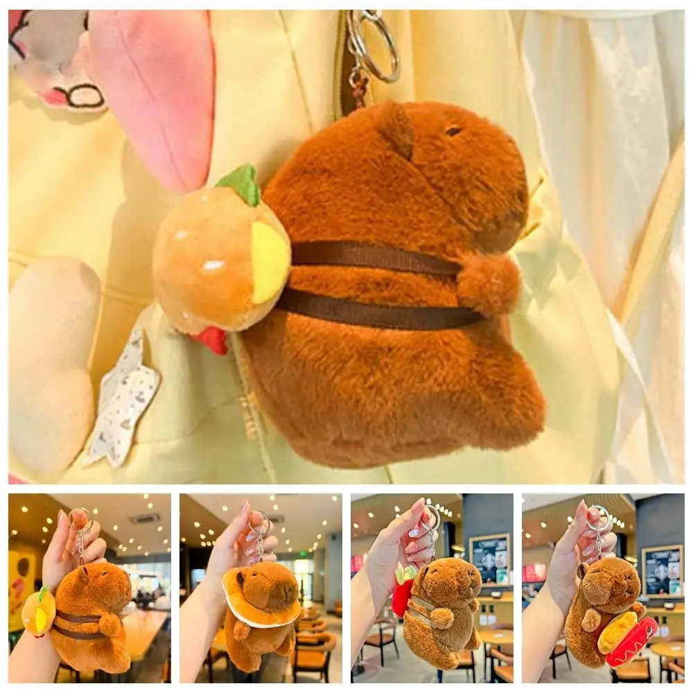 Brown Soft Capybara Key Ring Funny Toast Plush Animal Pendant Red-hot Hamburger Cartoon Doll Keychain Gift