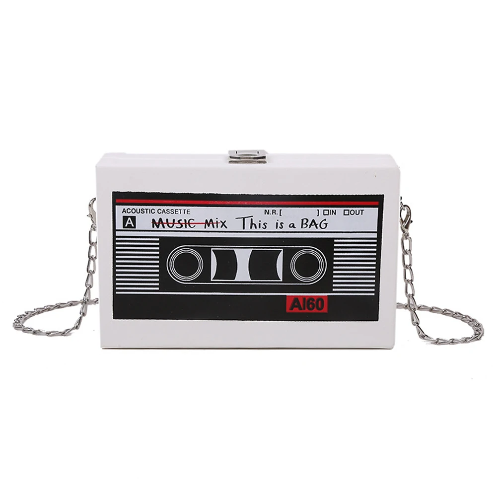 Women Cute Sling Bag Radio Shape Mini Chain Purse PU Leather Tape Recorder Print Ladies Daily Commute Bag