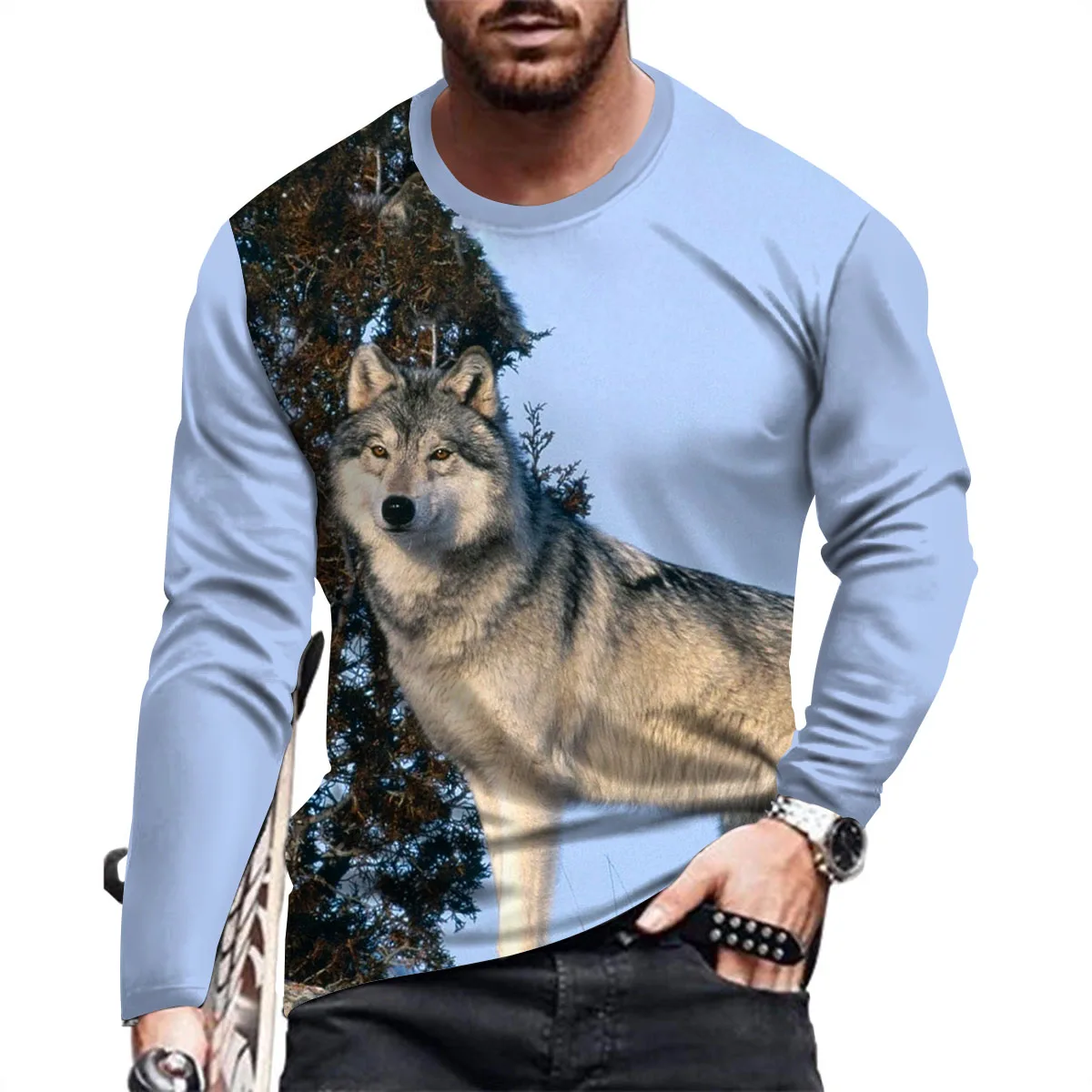 New Coyote Animal Print Summer Men\'s Round Neck T-shirt Casual Long Sleeve Oversized T-Shirt Fashion Pullover Trend Men Clothing