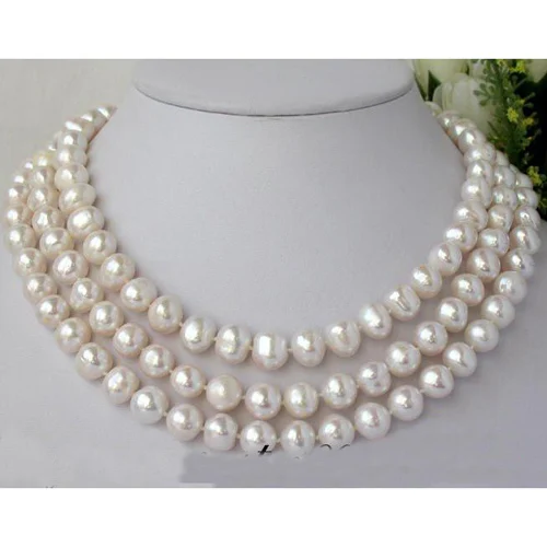 

Favorite Pearl Jewelry,3Row 11mm Rosy Round White Freshwater Pearl Necklace,Classic Wedding Birthday Party Perfect Women Gift