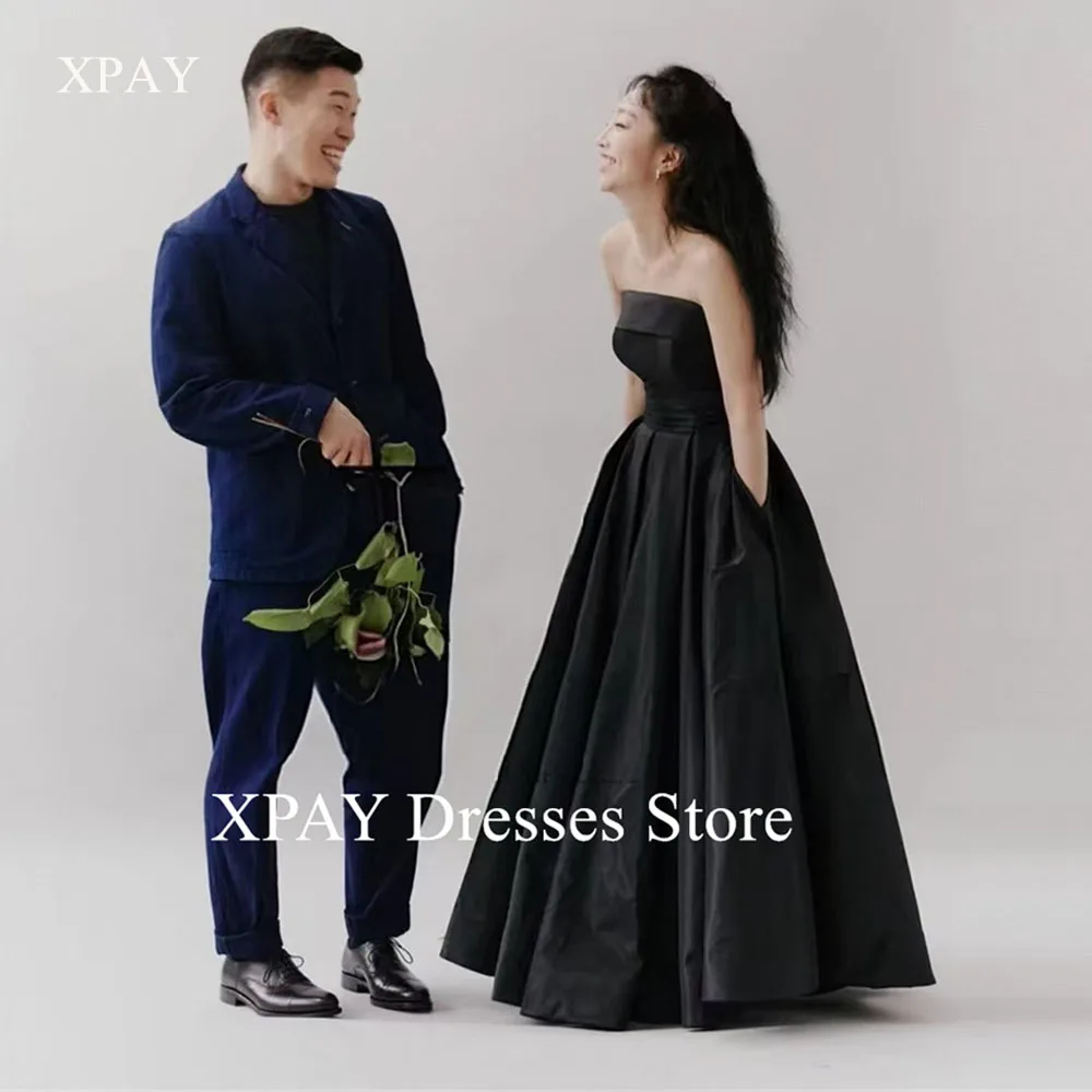 

XPAY Simple Black Evening Party Dresses Korea Wedding Receiption Satin Strapless Pockets Formal Gowns Customized Photo shoot