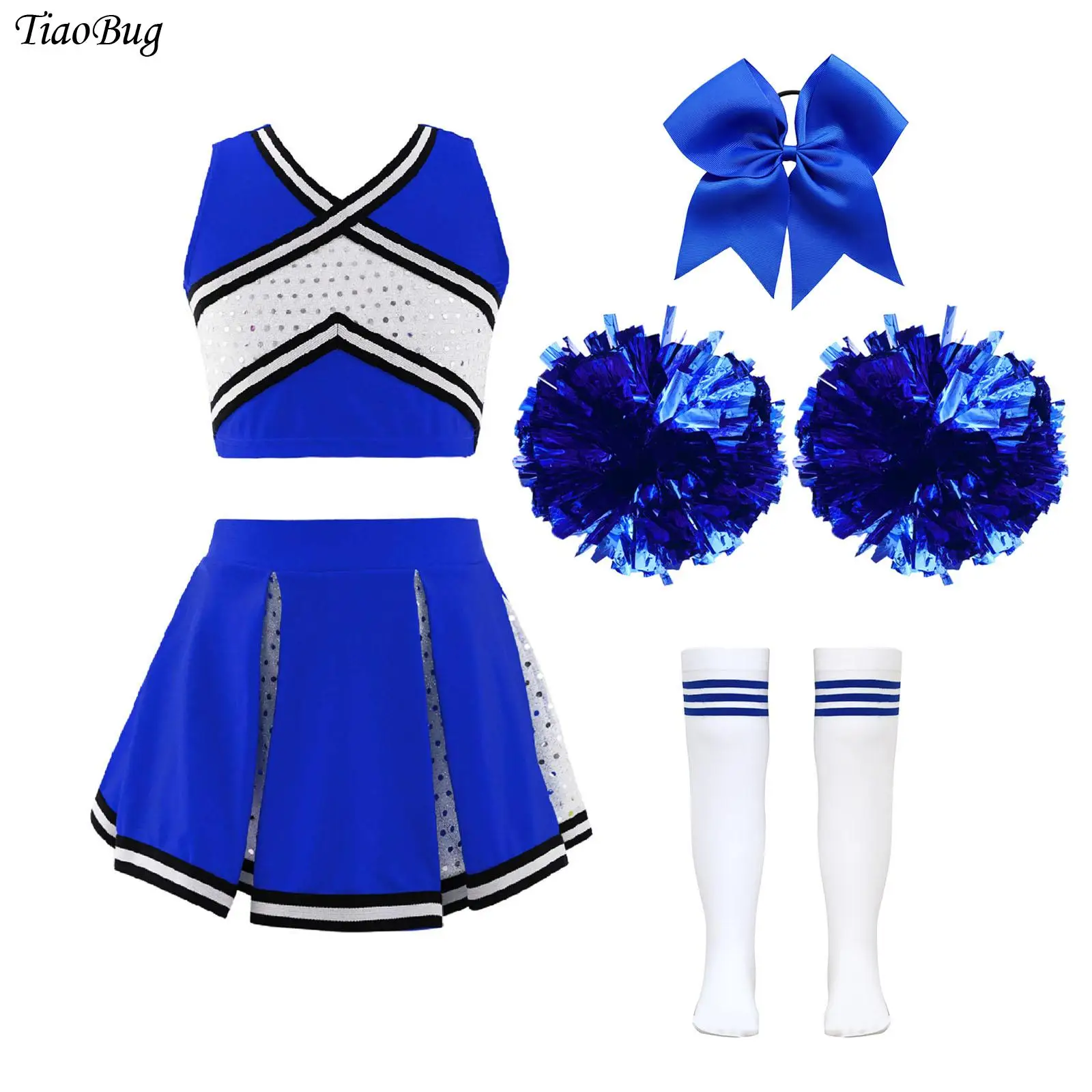 

School Girls Cheerleader Uniforms Cheerleading Costume Outfits Sequins Crop Top Pleated Skirt with Headwear Hand Flowers Socks
