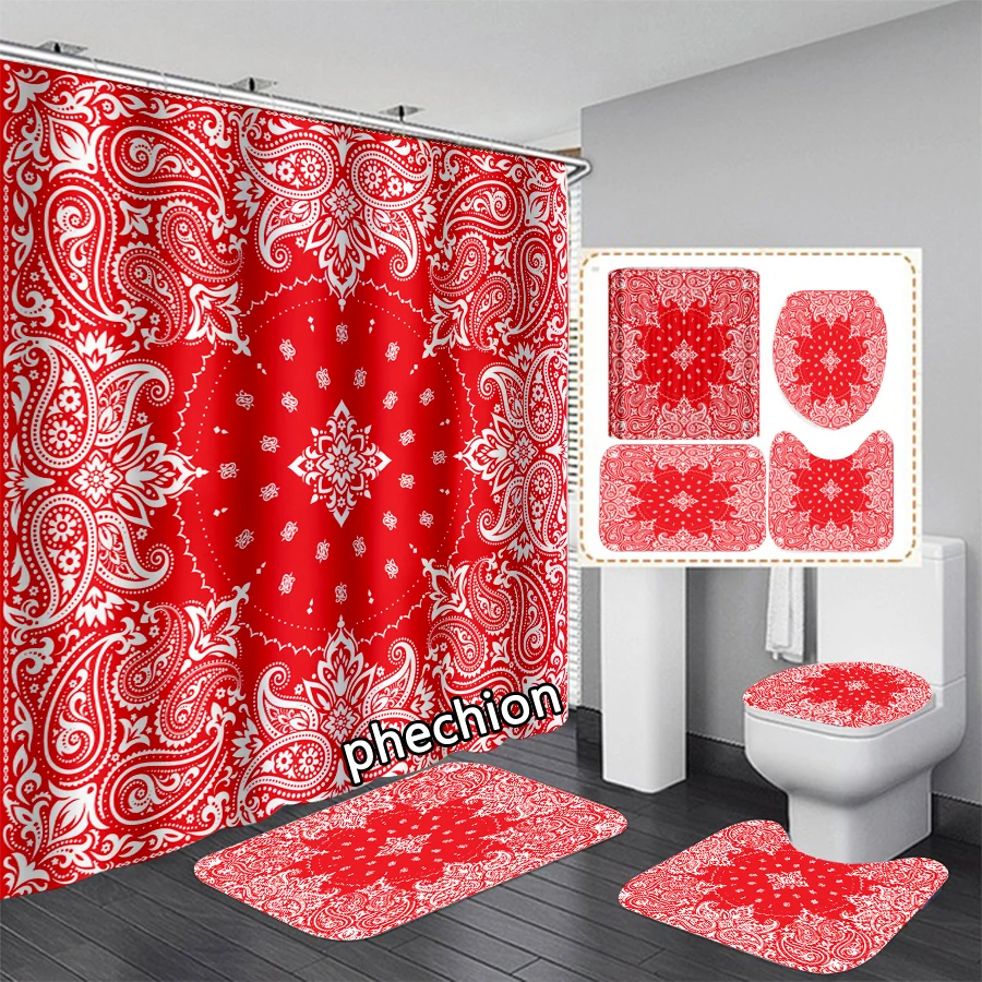 phechion Bandana Turban Art 3D Print Waterproof Bathroom Shower Curtain Toilet Cover Mat Non-Slip Floor Mat (1/3/4Pcs) W26