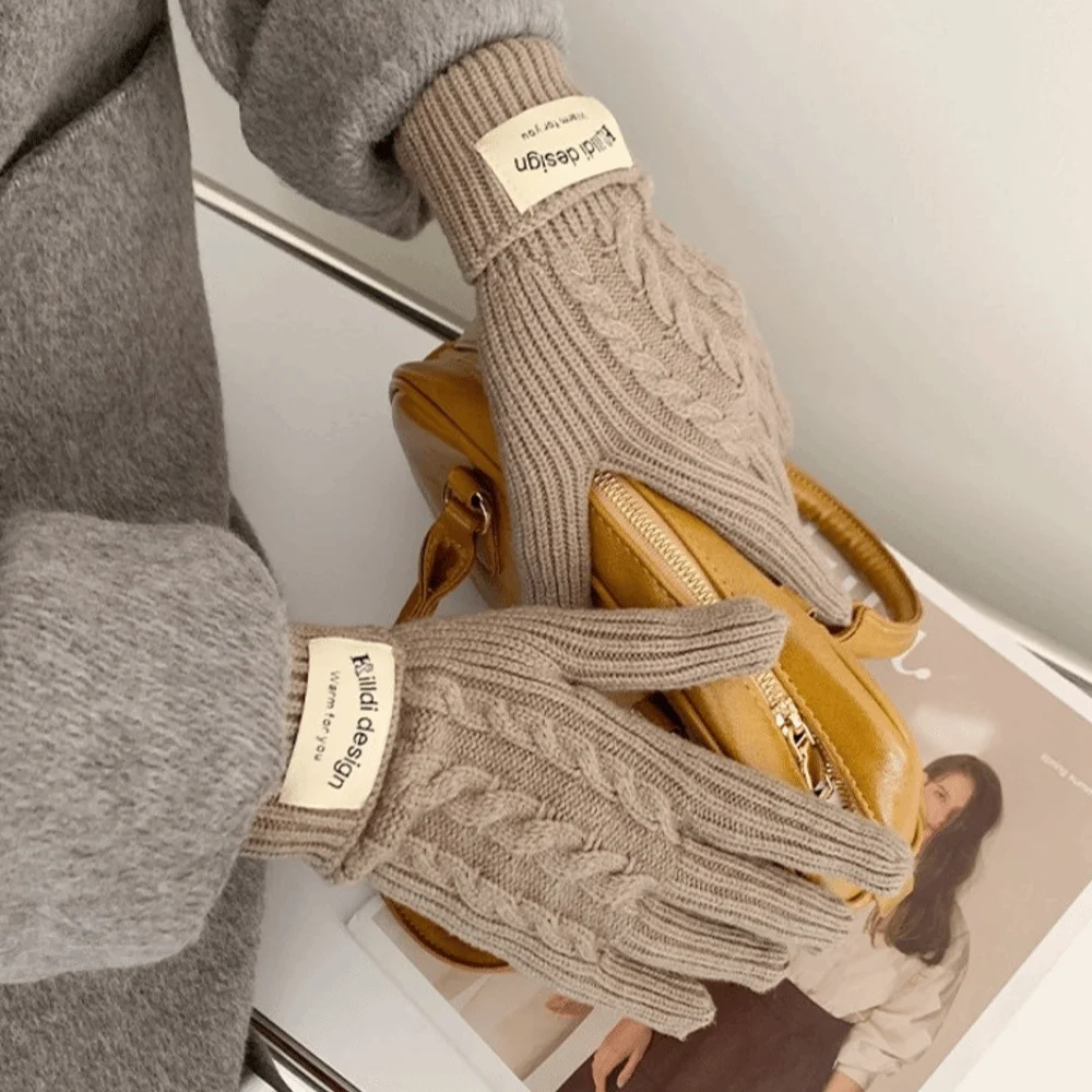 Polyester Cable Knitted Gloves Long Cuff Design Solid Color Full Finger Gloves One Size Warm Lining Touch Screen Gloves Winter