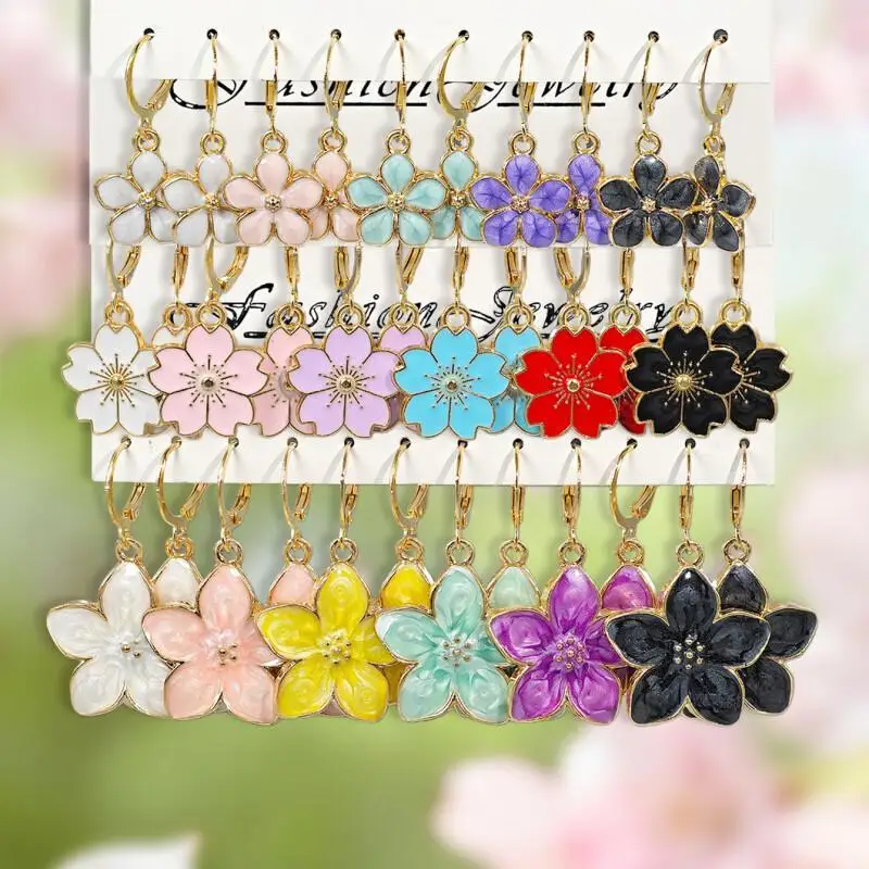 34pcs Fresh Multi Color Five Petal Flower Earrings For Women Fashion Versatile Elegant Ear Hooks Ear Cuffs Set Combination