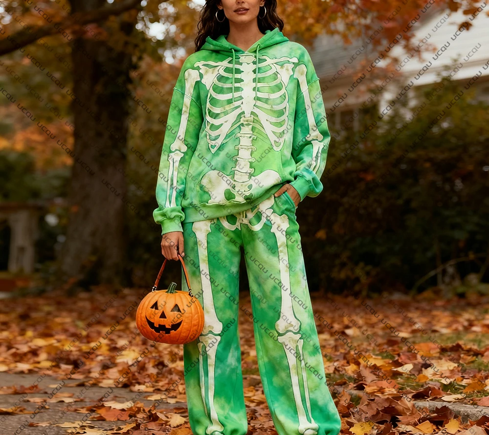 2025 هالوين جديد مقنعين البلوز وسراويل مجموعة مرعبة الهيكل العظمي موضة ثلاثية الأبعاد طباعة الشتاء الربيع مجموعة مهرجان فستان مجموعة #5