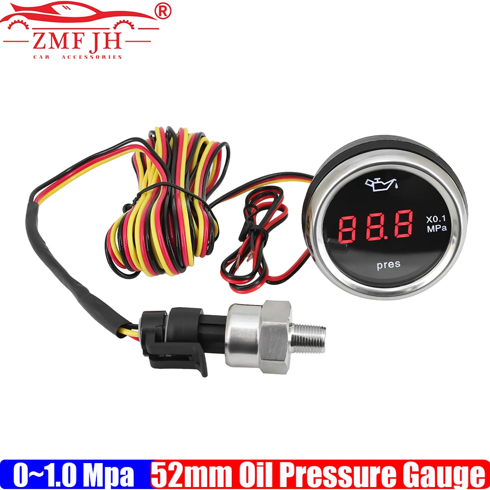 

Манометр давления масла ZMFJH с красным светодиодным дисплеем, 0-1.0 МПа, 2 дюйма (52 мм), с датчиком 10 мм, для автомобилей и грузовиков, с функцией мигающей сигнализации