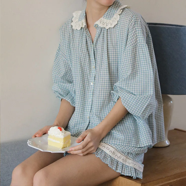 Retro Fresh 100% Cotton Pajamas Set for Women Korean Version Wearable Plaid Sweet Lace Home Outfit Summer Nightwear