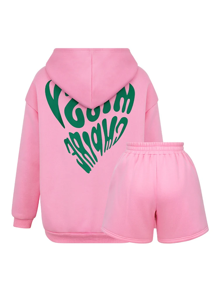 Absobe Hooded Sweatshirt Shorts Set Contrast Letter Print Women Pink Long Sleeve Hoodie Shorts Casual Sport Autumn Streetwear