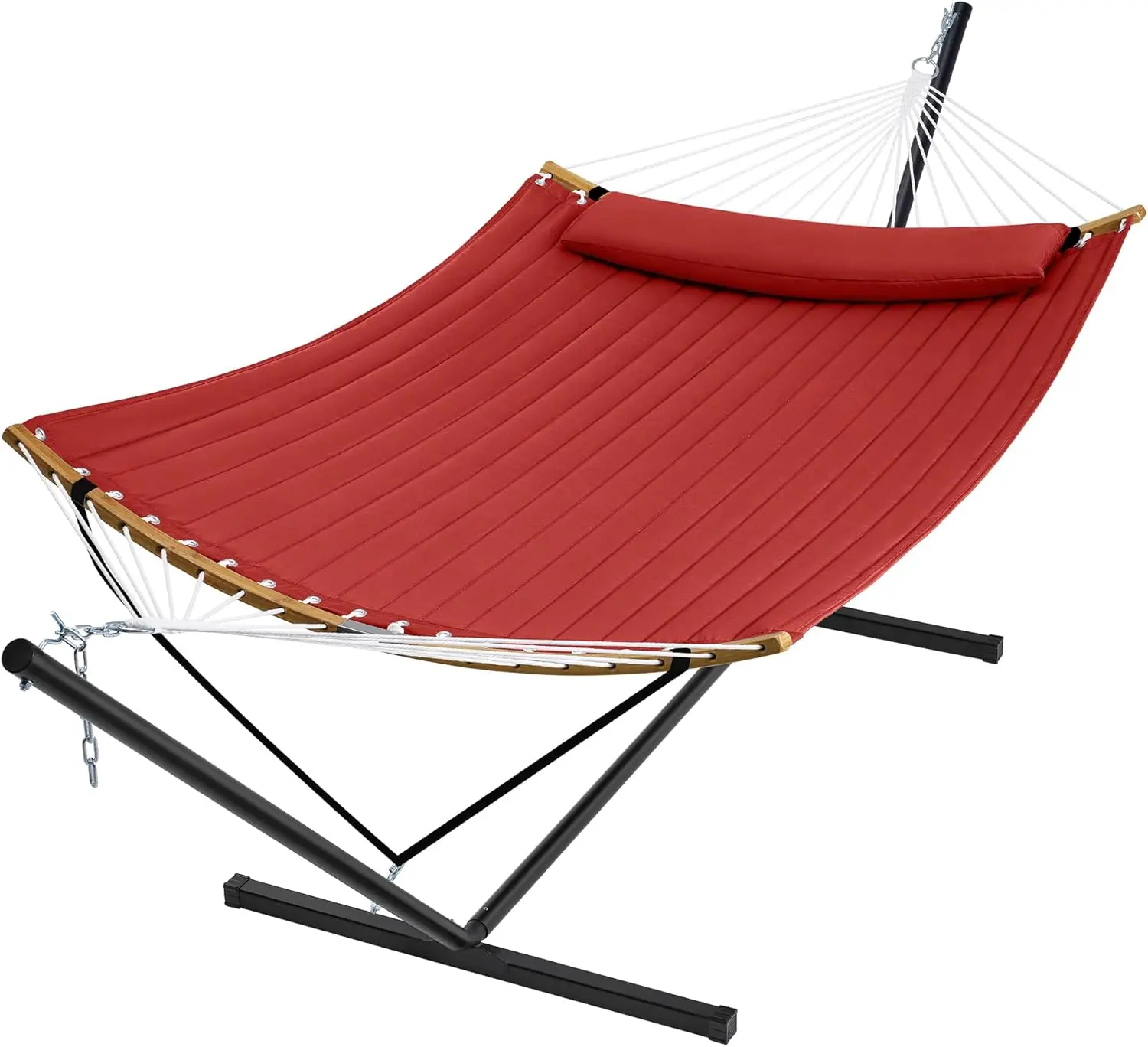 Hammock with Stand, 2 Person Heavy Duty Hammock with Padded Cotton, Detachable Pillow & Strong Curved-Bar & Portable Carrying Ba