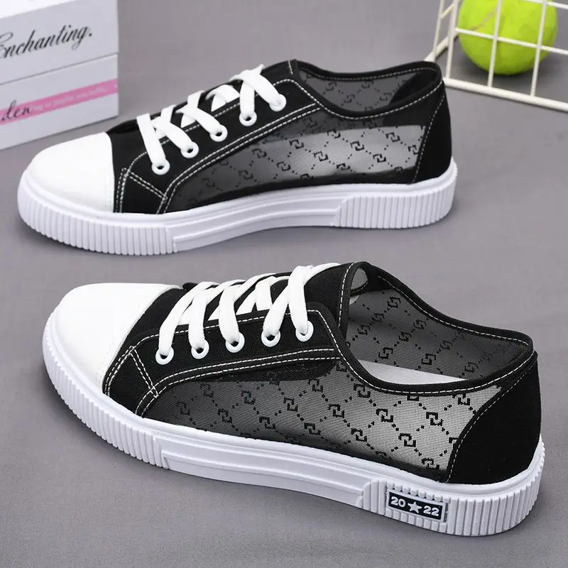 

2023 Summer Mesh Shoes for Women Breathable Mesh Sneakers for Women Canvas Shoes Women Lace Up Sneakers Soft Soled Board Shoes