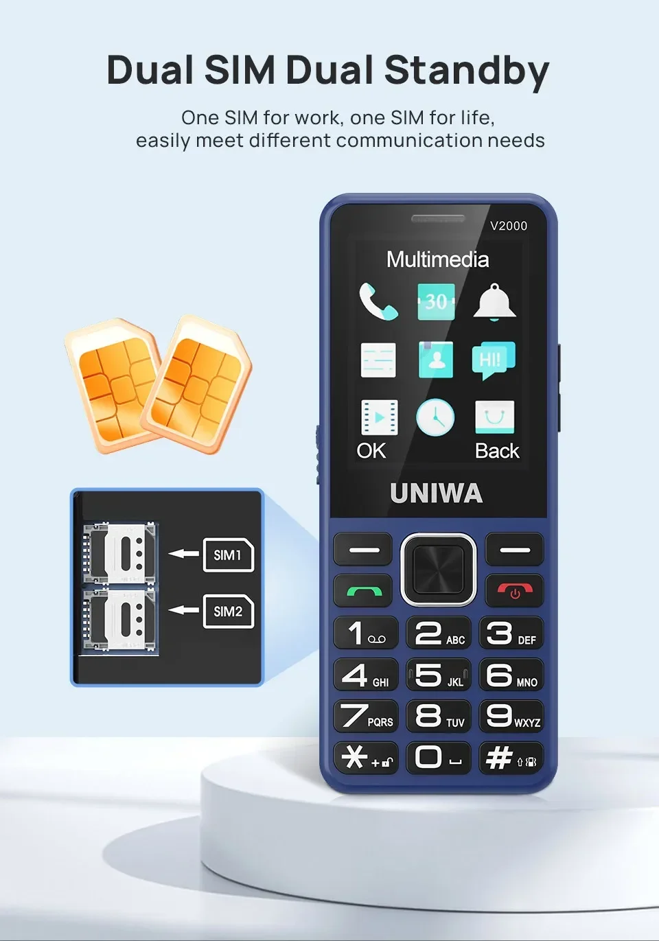 UNIWA V2000 4G Keypad Phone 2.4Inch Big Button Loud Volume 0.3MP Camera 1700mAh Russia Hebrew Keyboard Feature Phones Elderly