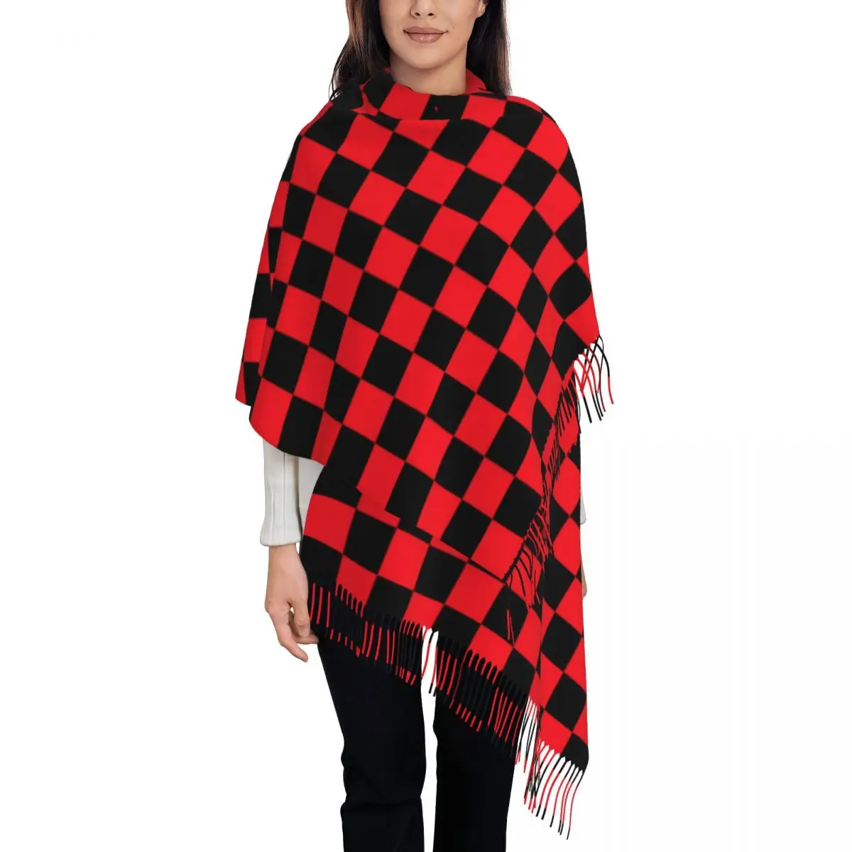 Red Checkerboard Shawl Wraps Womens Winter Warm Long Soft Scarf Nodic Geometry Christmas Neckerchief Shawl Scarves