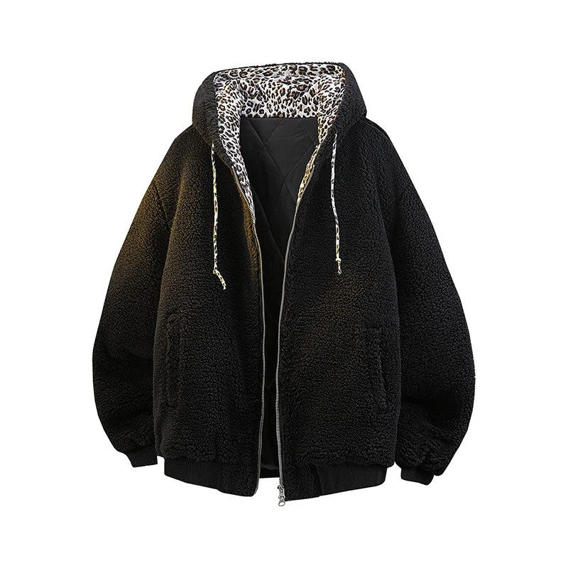 Man Jacket Winter American Leopard Print Patchwork Hooded Male Outerwear Thicken Long Sleeve Zipper Versatile Men Down Coat