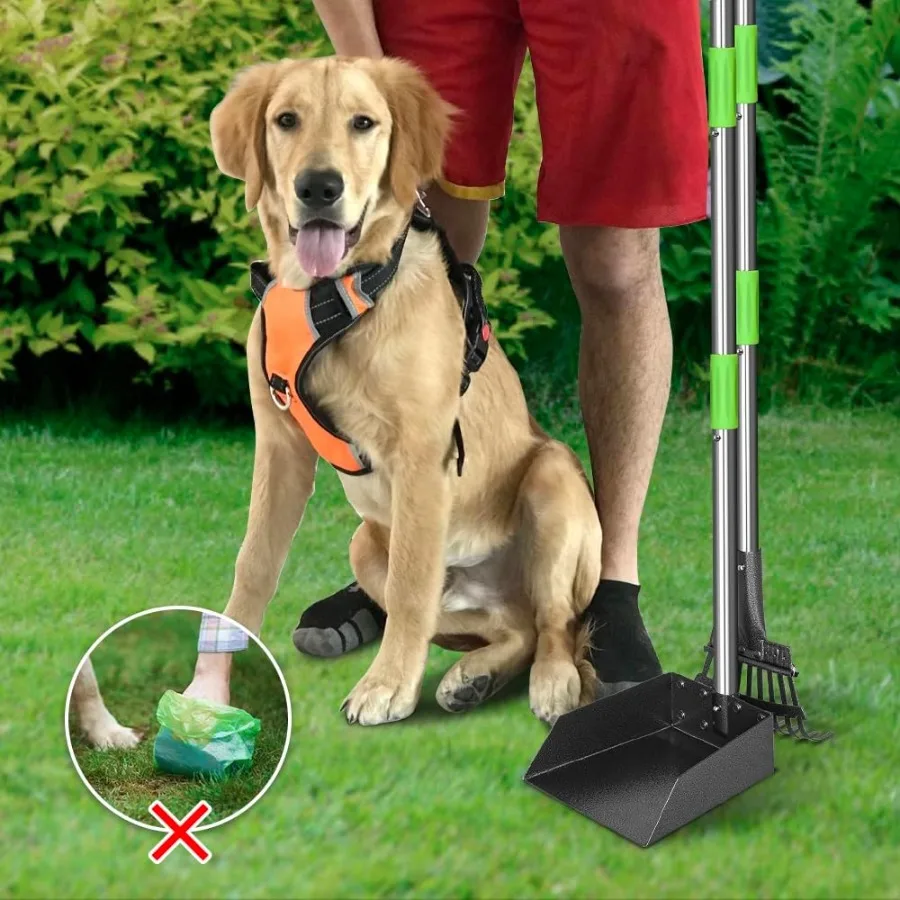 Colheitadeira de pooper com cabo longo e resistente com bandeja e ancinho de aço inoxidável projetado para cães médios e pequenos, ideal para limpeza