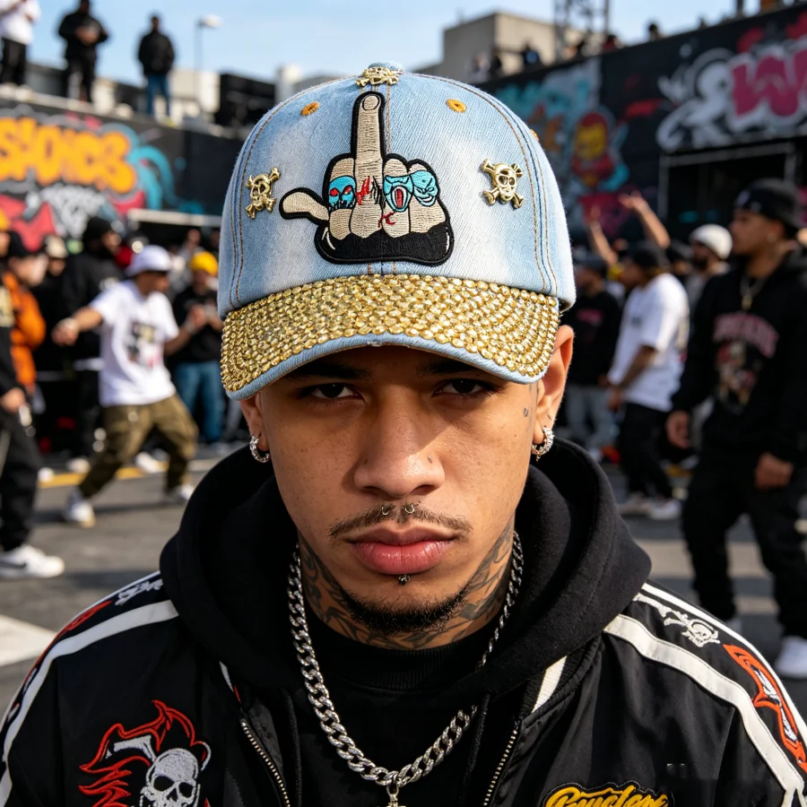 A Must-Have Item for Fashionistas! Vintage-Style Denim Baseball Cap with Shiny Rhinestone Brim + Bold Embroidery, Adjustable Size, Perfect for Everyday Wear / Street Dance / Hip-Hop Outfits, Super Eye-Catching