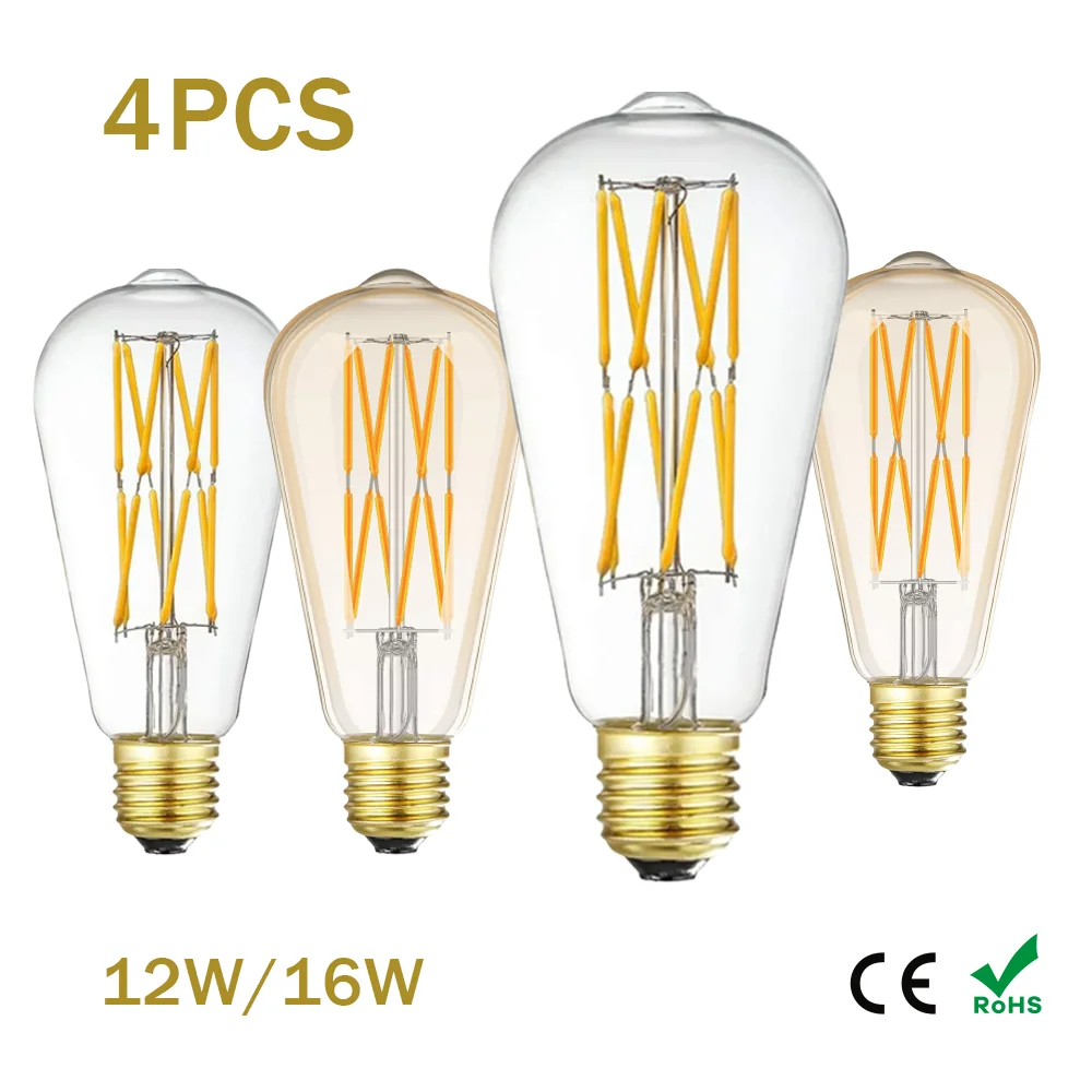 E27 Retro Edison LED Filament Bulb ST64 12W 16W 85-265V Light Bulb Glass Warm White Natural White 4000K Bulb Decorative Light