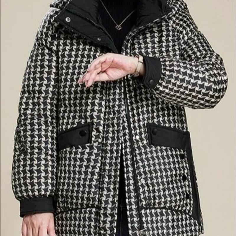 Women's Autumn Winter Top Coat Cotton Coat Houndstooth Warm Thickened Retro Simple Comfortable Loose Casual Soft Niche Versatile