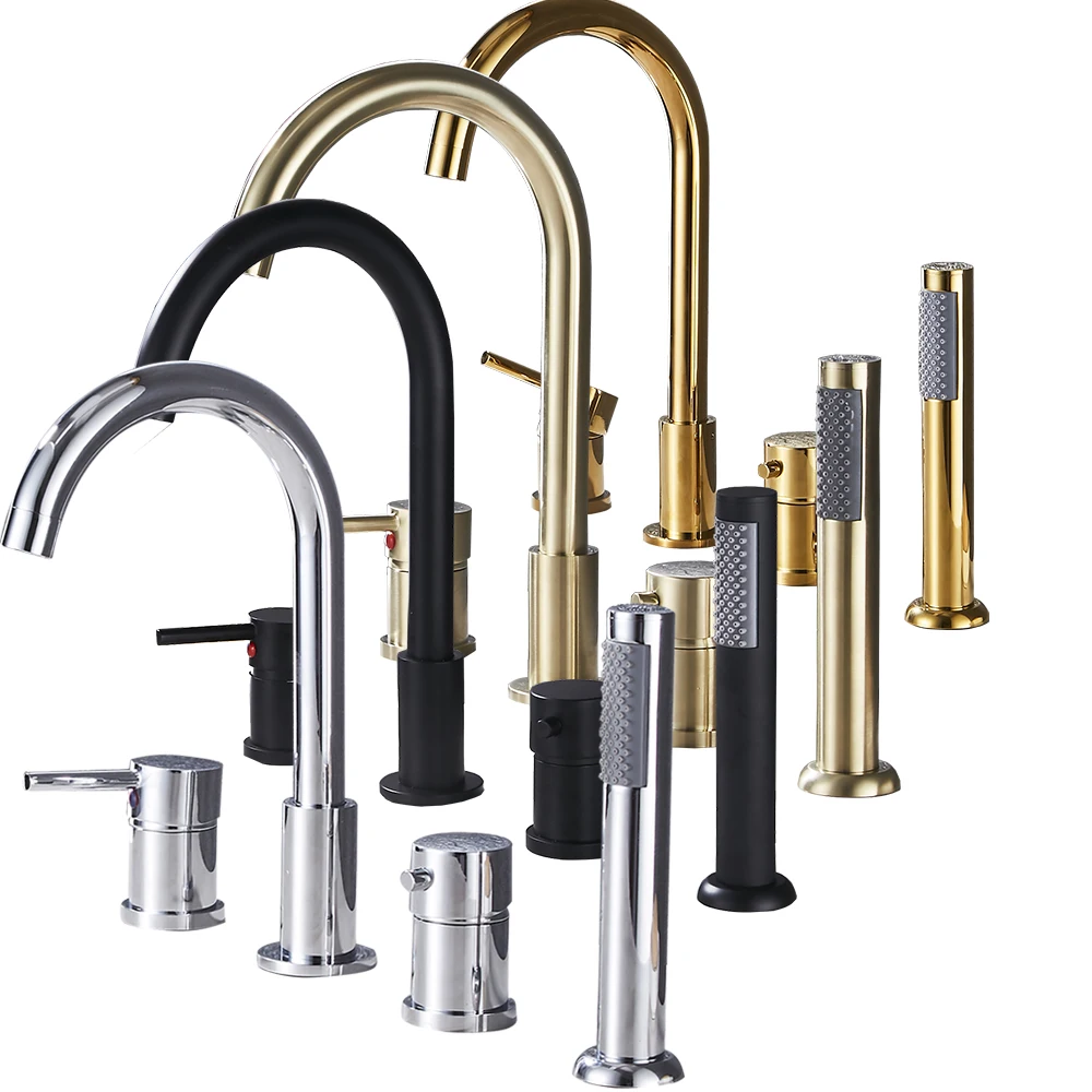 Deck Mount Bathroom Bathtub Faucet Set with Handheld Shower Tub Faucet Hot and Cold Water Mixer Bath Faucet Gold Bathtub Tap